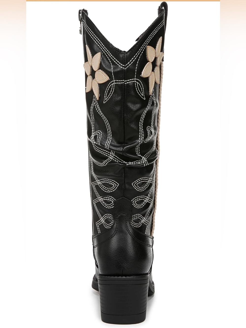 Black Western Knee-High Boots with Cream Floral Appliqué - Picture 5 of 15